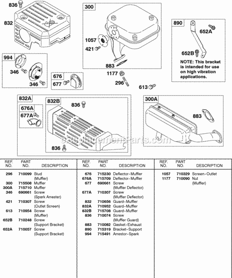 Exhaust System Diagram and Parts List for 138432-0188-B1  Briggs and Stratton Engine